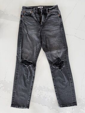 American Eagle Black-Grey Premium AE77 Distressed Straight Leg Mom Jeans